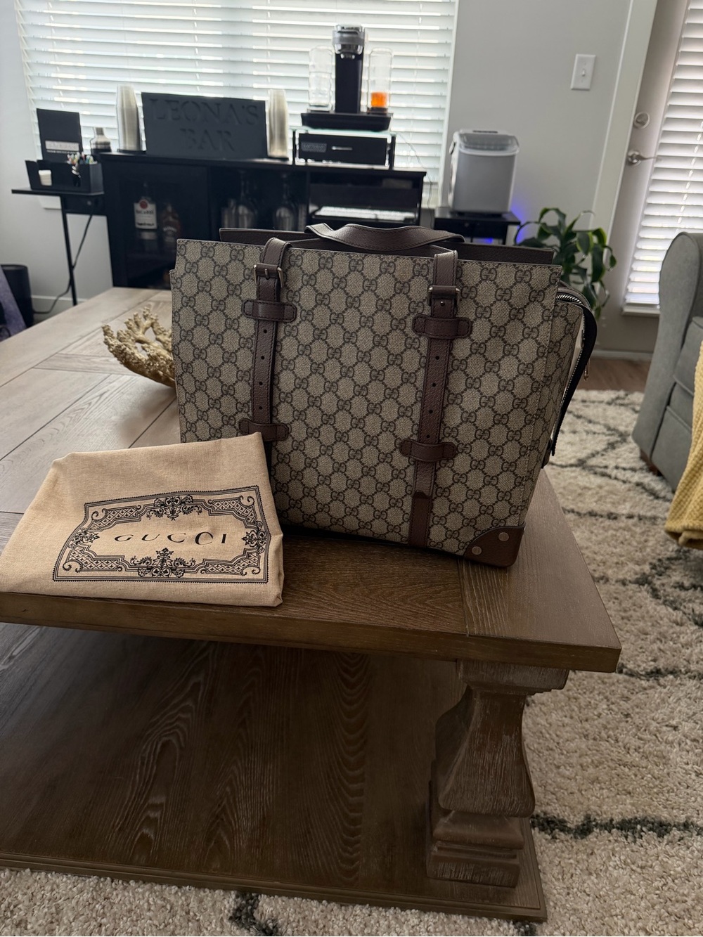 Gucci Beige GG Supreme Canvas Tote with Brown Leather Trim